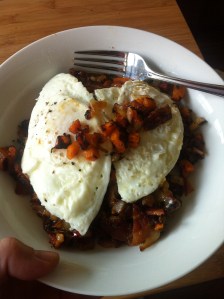 Hash with fried eggs.